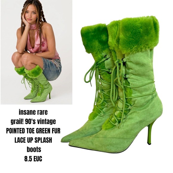 Splash Shoes - RARE GRAIL 90'S VTG. SPLASH LACE UP FUR POINTED TOE BOOTS 8.5 EUC
